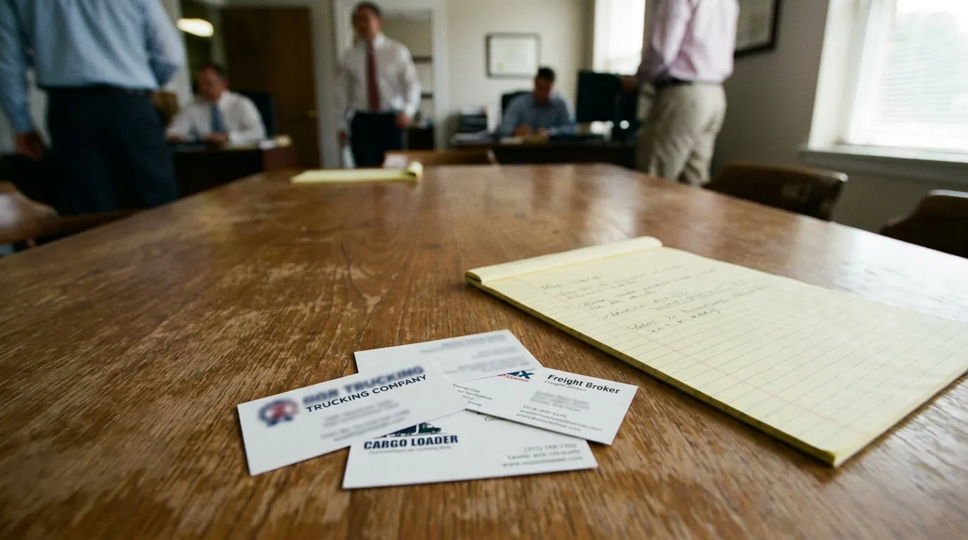 Sued After a San Bernardino Truck Accident Trucking company and freight broker business cards on conference room table with legal notepad