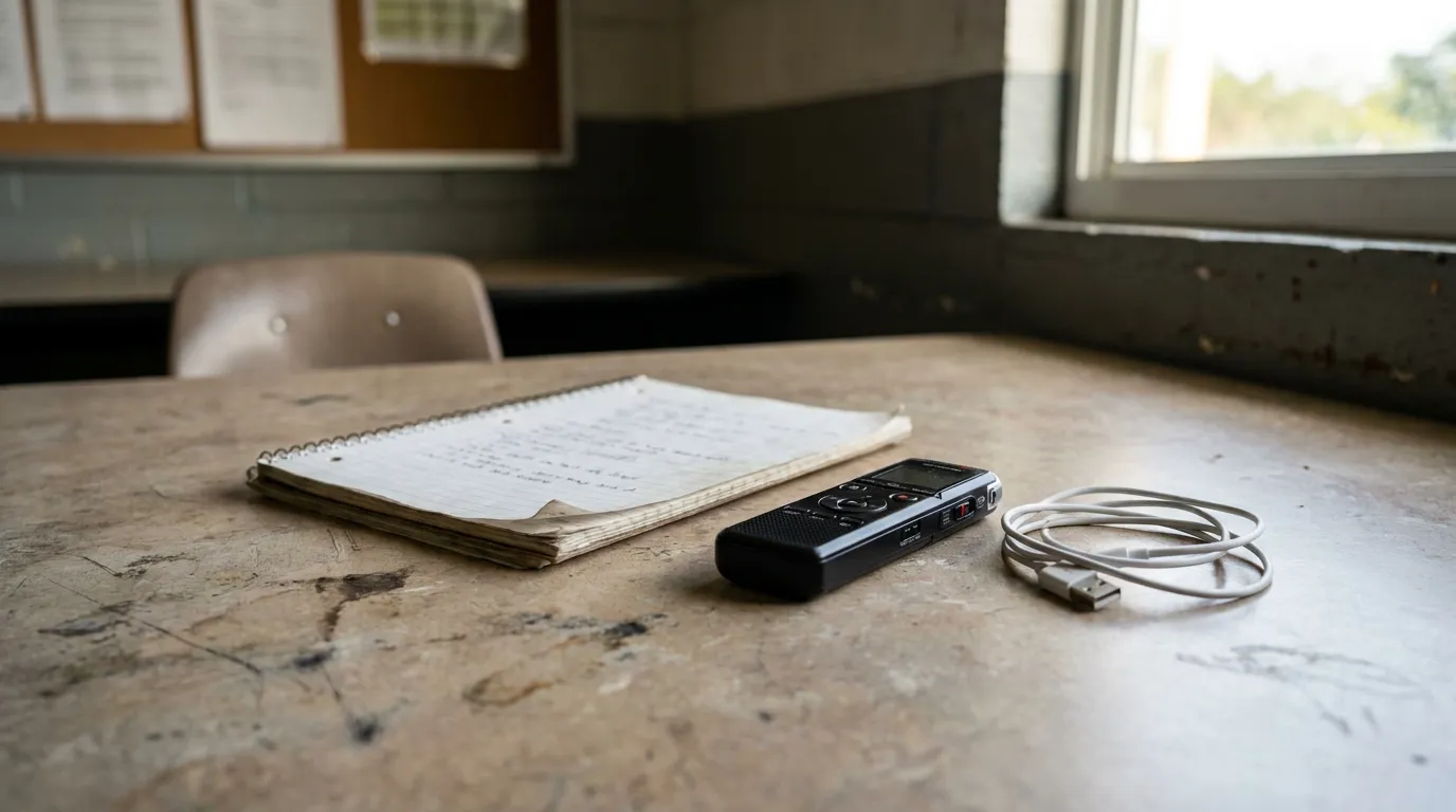 FL Workers Comp Adjuster Recorded Statement Device and Notes digital voice recorder, handwritten notepad, and USB cable on worn table