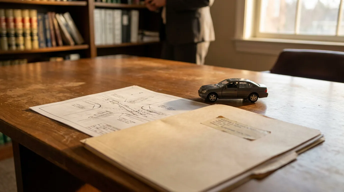 Indianapolis Attorney Reviewing Car Accident Fault Evidence toy car model and accident diagram on legal case file in law office