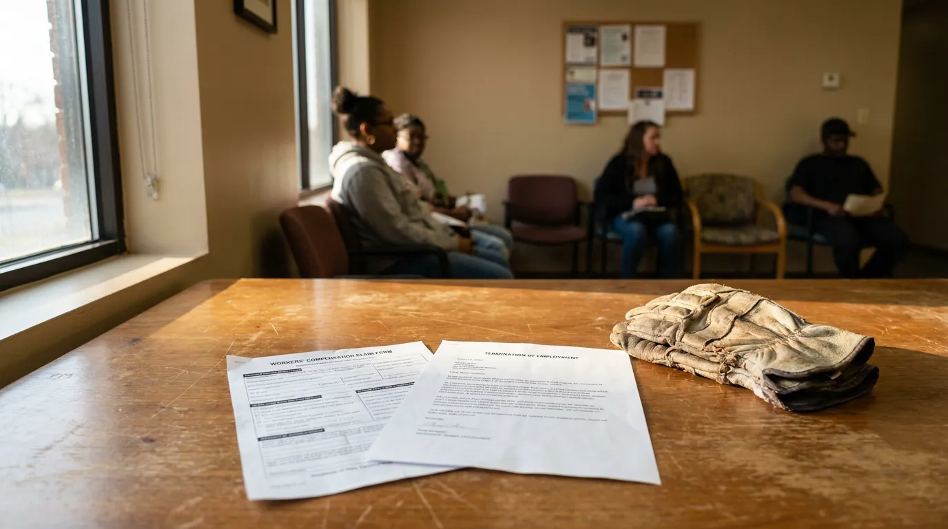 Workers' Compensation Claim Form and Termination of Employment letter on table with waiting clients
