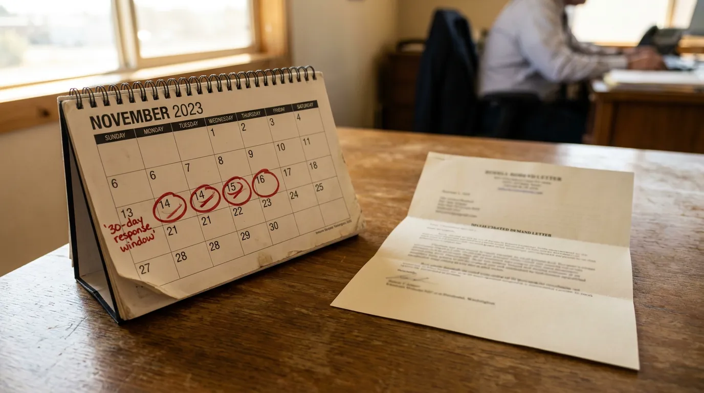 Richland Demand Letter Settlement Timeline Calendar November 2023 desk calendar marked 30-day response window beside demand letter