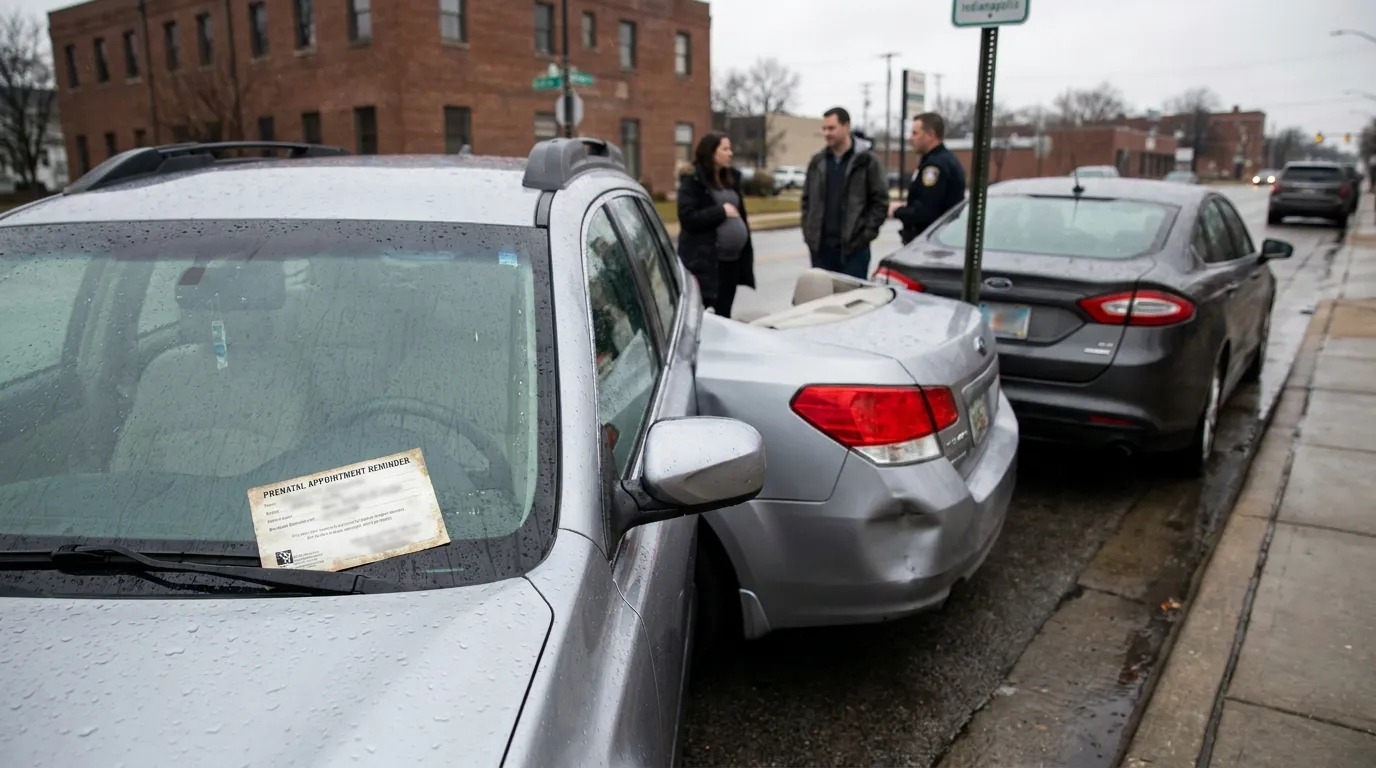 Pregnant Woman Rear-End Car Crash Indianapolis two vehicles rear-end collision on street with people and officer discussing accident