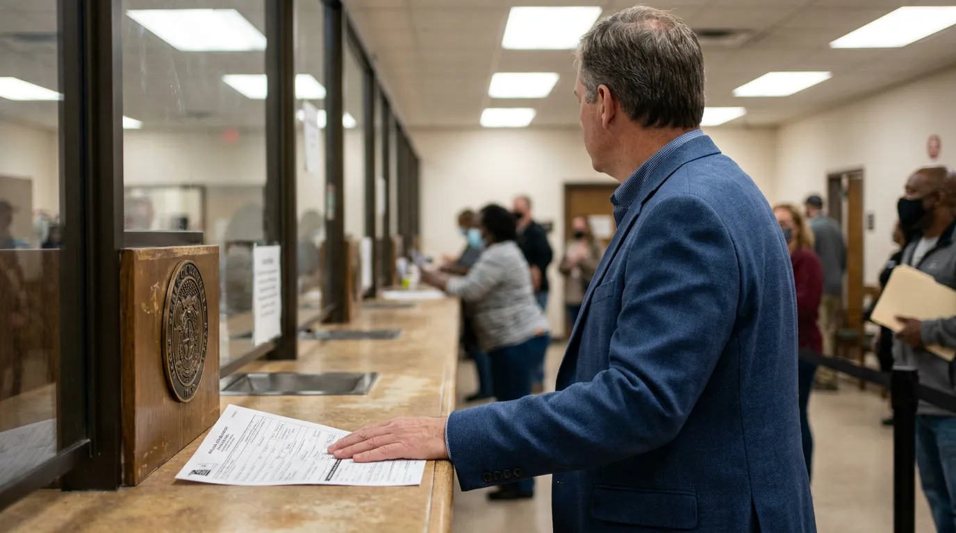 man in blazer holding form at government office counter with official seal