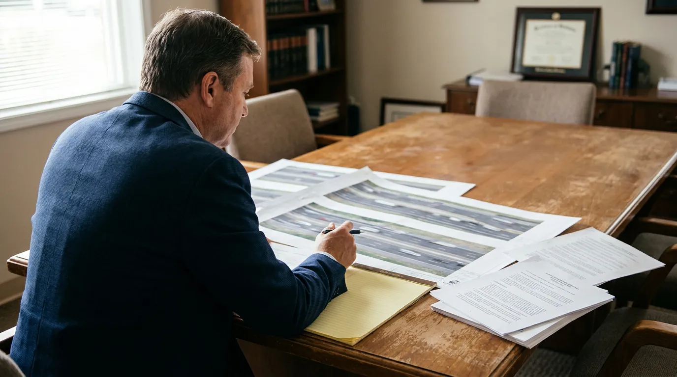 attorney reviewing road diagram and legal documents at conference table