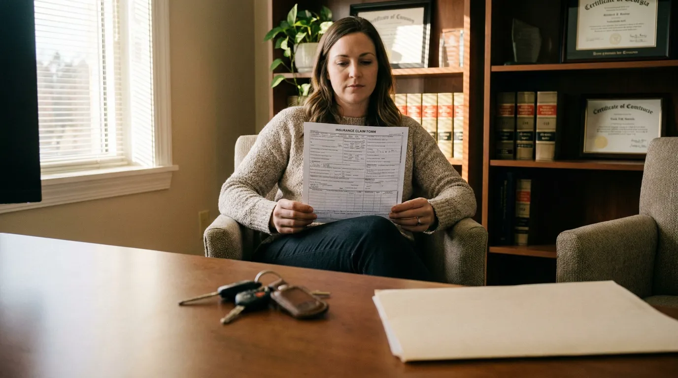 woman reviewing insurance claim form in law office with framed certificates