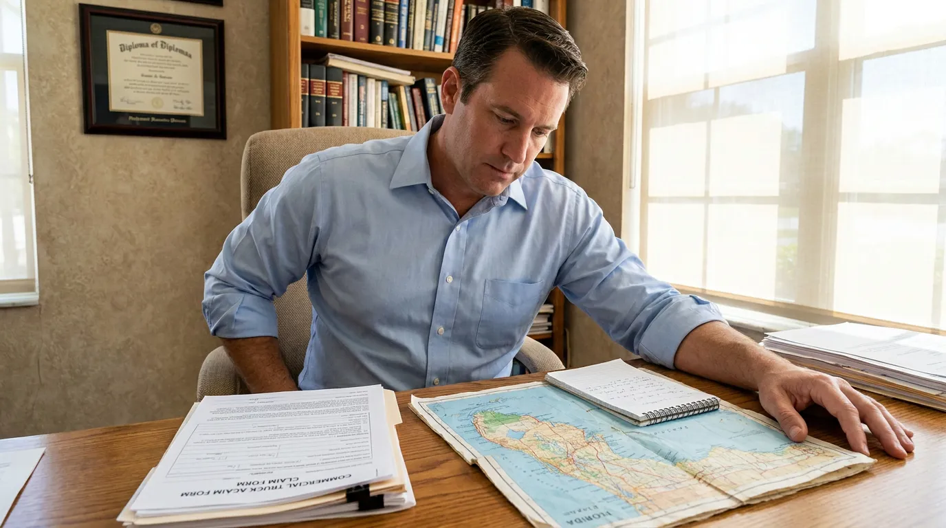 Florida Truck Accident Lawyer Reviewing Claim Form attorney reviewing commercial truck claim form and Florida map at office desk