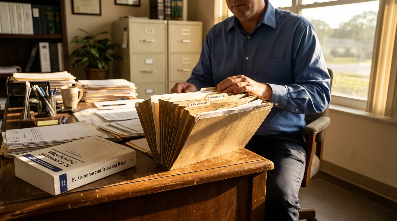 Florida Truck Accident Claim Documents Attorney Review attorney reviewing case folder with Medical Records and CAIV Inspection tabs beside FL Commercial Trucking Regs binder
