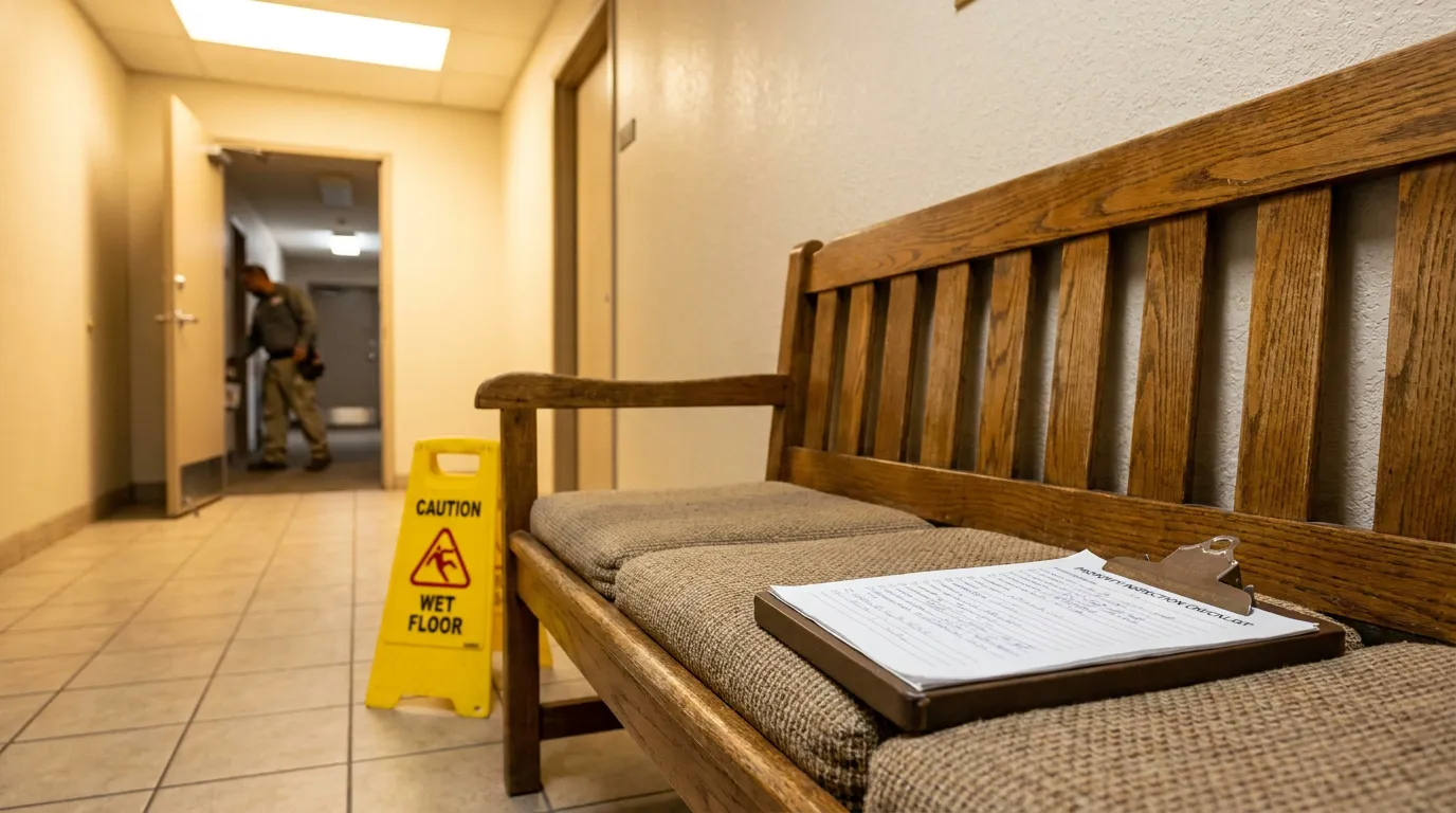 Indianapolis Apartment Hallway Wet Floor Sign Property Inspection Caution wet floor sign beside bench with property inspection checklist on clipboard