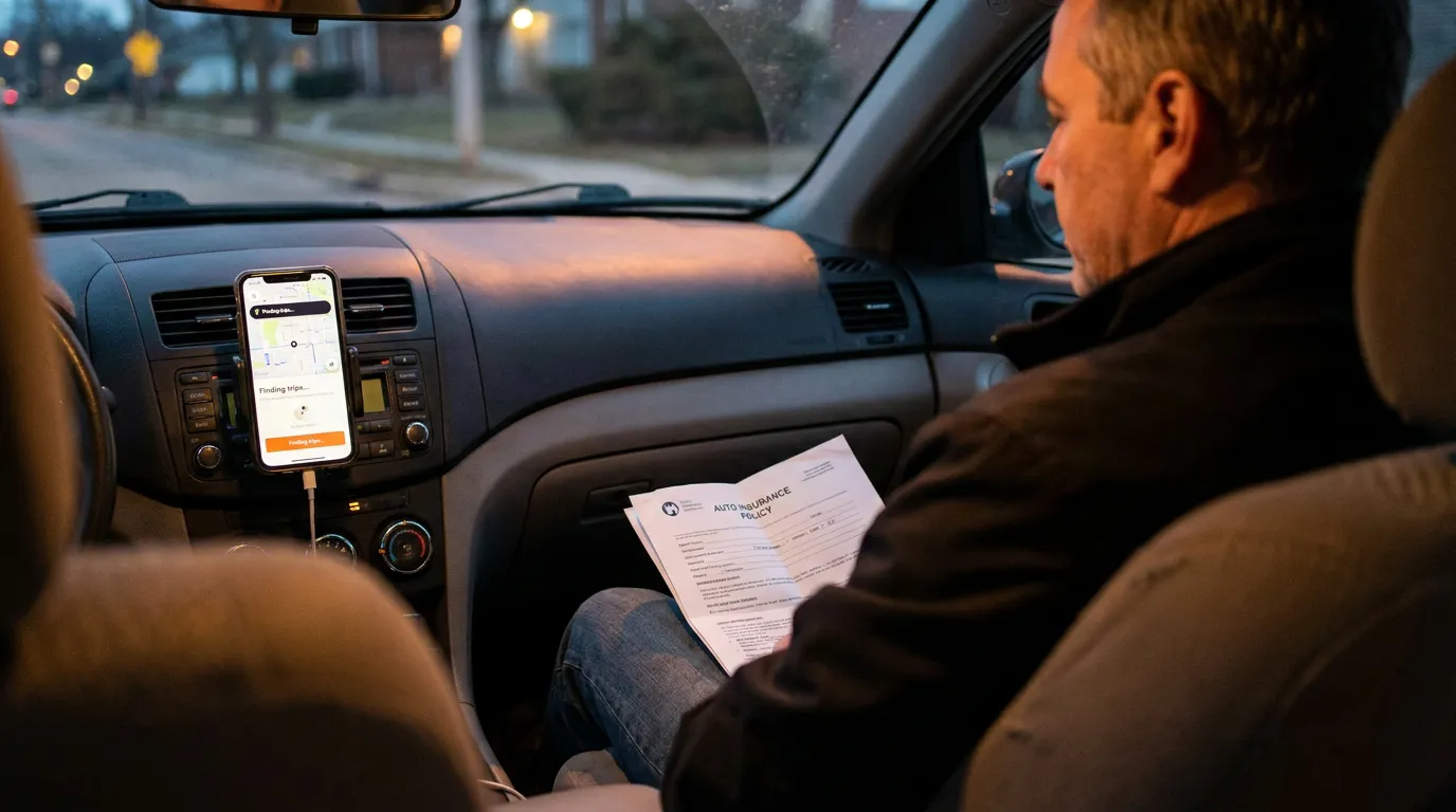 Kansas City Uber Driver Reviewing Auto Insurance Policy While Waiting rideshare driver in vehicle holding auto insurance policy document with app mounted on dashboard