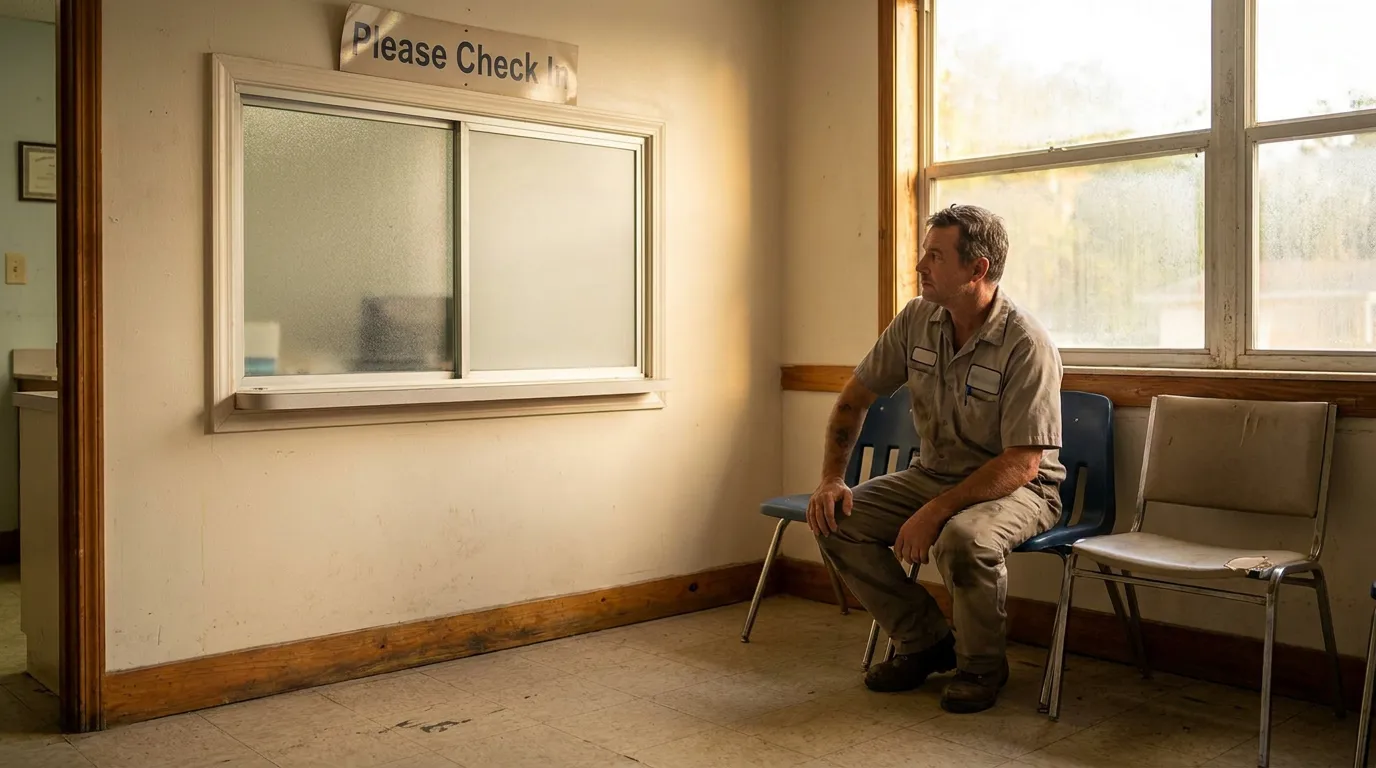Florida Injured Worker Waiting for Delayed Workers Comp Treatment worker in uniform sitting alone in waiting room beside Please Check In sign