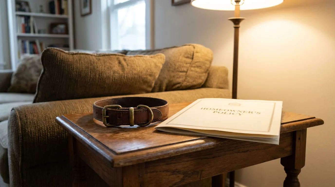 Dog Collar and Homeowners Policy Richland Washington leather dog collar and Homeowner's Policy document resting on wooden end table