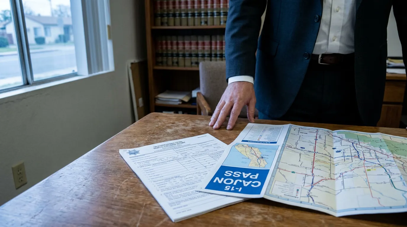 attorney reviewing I-15 Cajon Pass map and police report on office desk