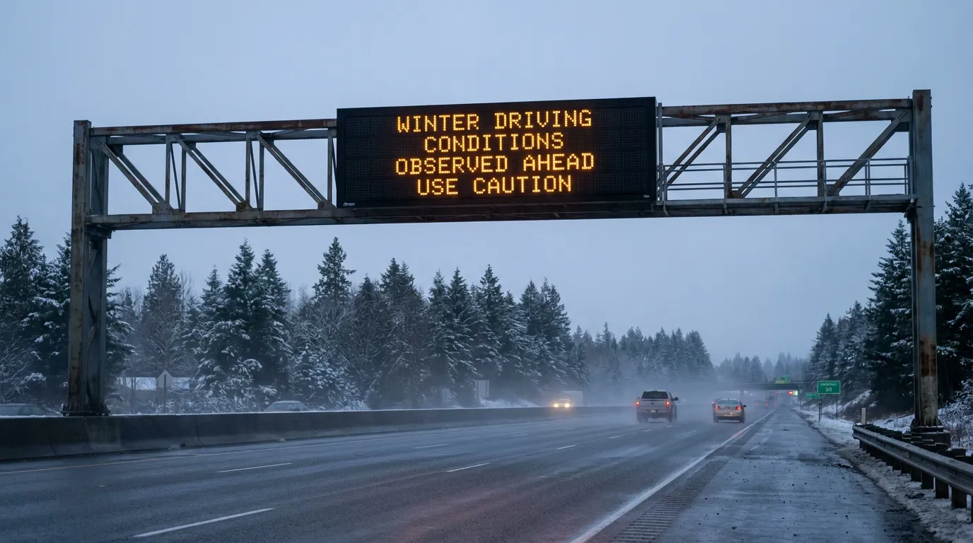 I-90 Snoqualmie Pass Winter Driving Conditions Warning Sign highway overhead sign reading Winter Driving Conditions Observed Ahead Use Caution