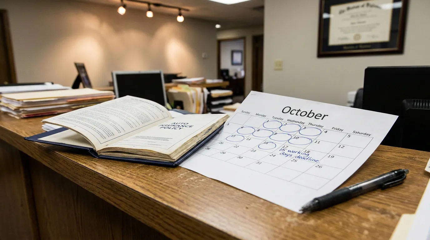 open auto insurance policy book beside October calendar marked with 15 working days deadline