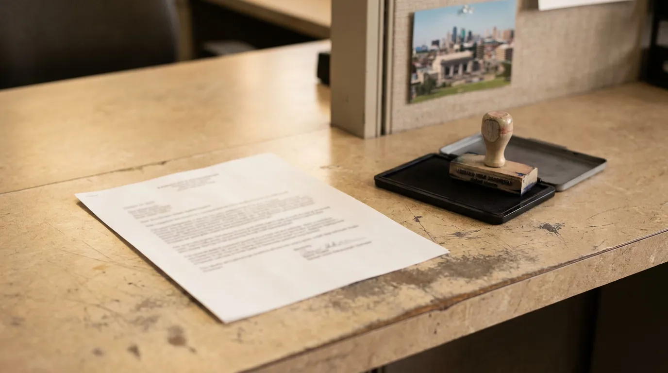 signed legal document and rubber stamp with ink pad on office desk