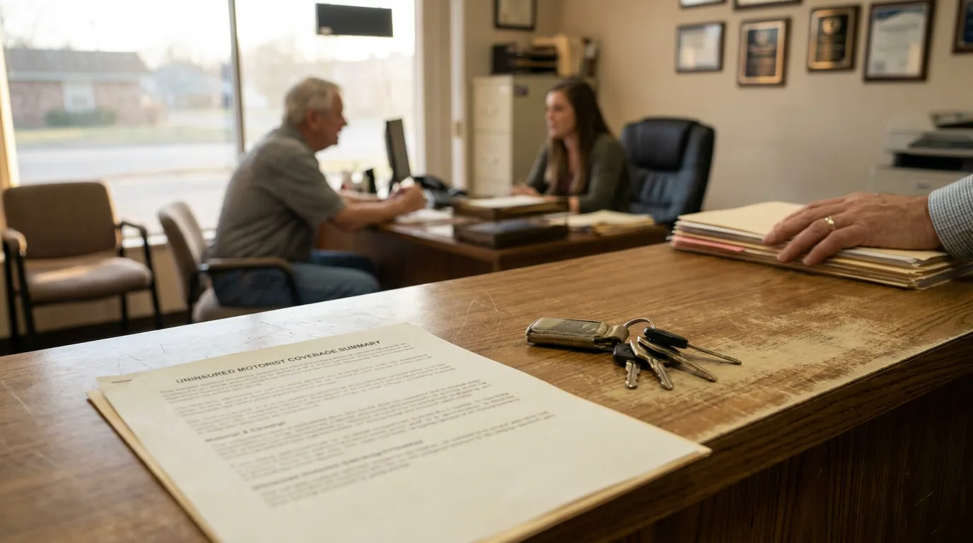 Uninsured Motorist Coverage Summary document and car keys on office desk