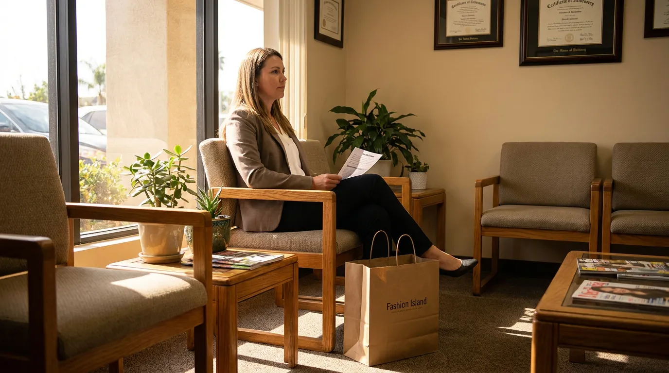 Fashion Island Slip and Fall Client at Orange County Law Office woman seated in law firm waiting room holding document near framed certificates