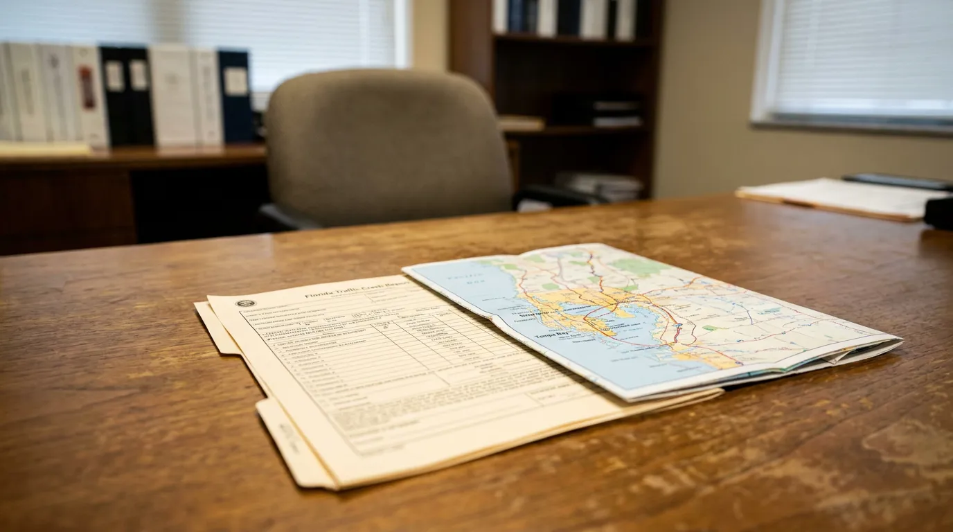 Florida Traffic Crash Report and Sarasota Map on Attorney Desk Florida Traffic Crash Report and Tampa Bay road map on law office desk