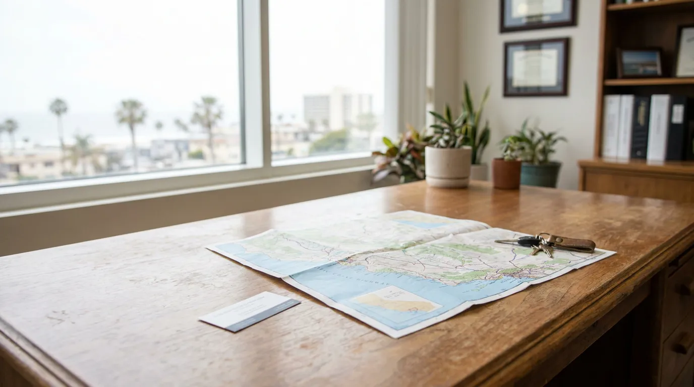 Newport Beach Car Accident Lawyer Office With Coastal Highway Map folded road map and car keys resting on wooden office desk