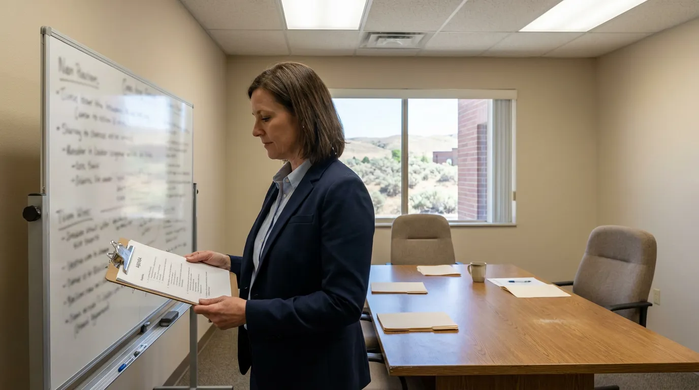 female attorney reviewing clipboard agenda beside whiteboard in conference room