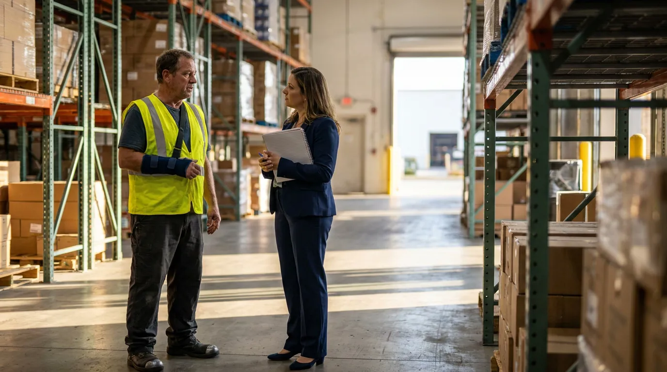 Florida Injured Worker Speaking With Workers Comp Adjuster injured warehouse worker with wrist brace speaking to professional holding notepad