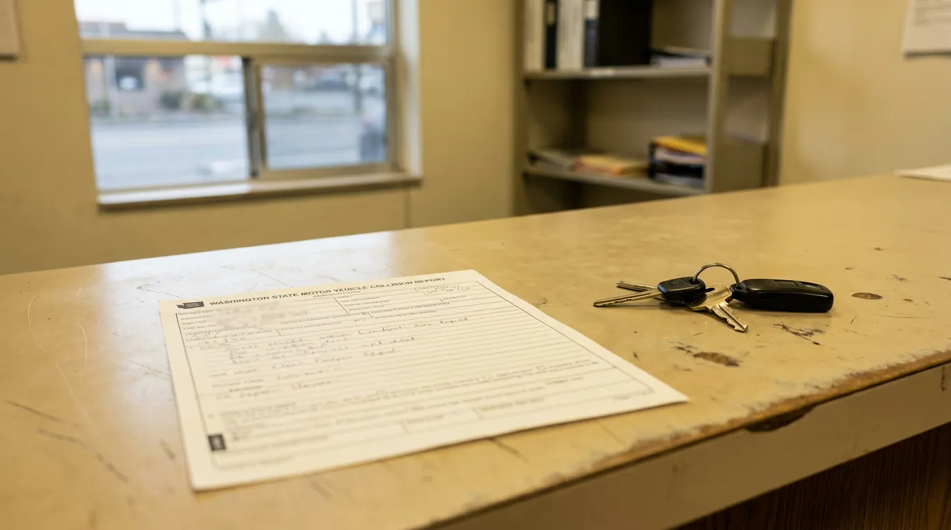 Washington State Motor Vehicle Collision Report form and car keys on desk
