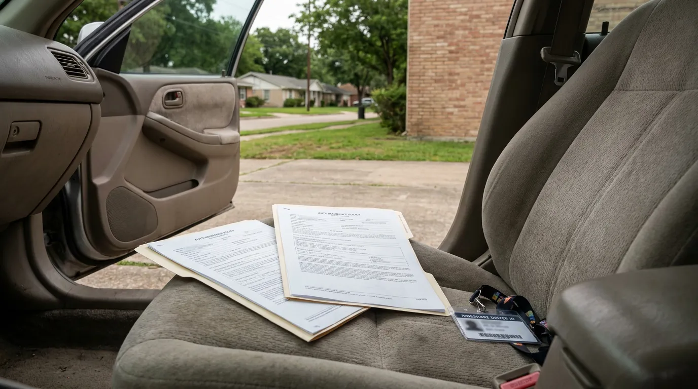 Houston Rideshare Driver Stacked Insurance Policies on Car Seat auto insurance policy documents and rideshare driver ID on car seat