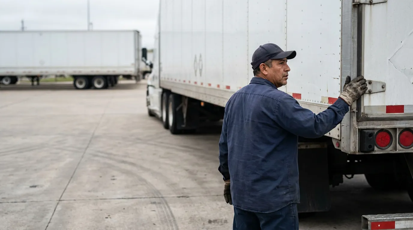 Houston Truck Driver Standing in Semi Blind Spot No Zone truck driver wearing gloves inspecting semi-trailer door at commercial freight yard