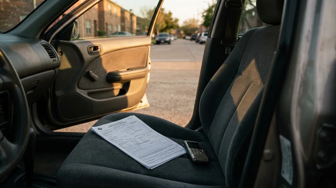 Texas Police Report on Car Seat After Houston Crash Texas police officer motor vehicle crash report form resting on car seat