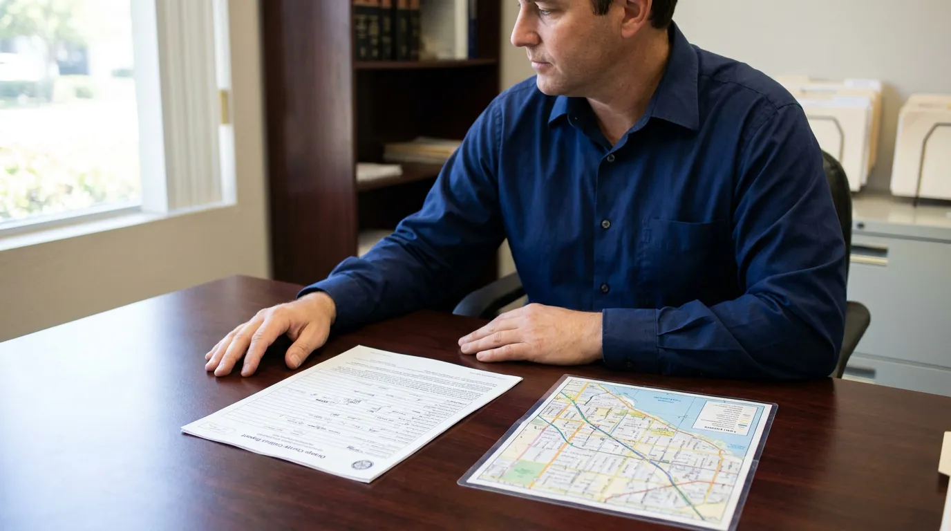 man seated at desk reviewing official document and street map in office