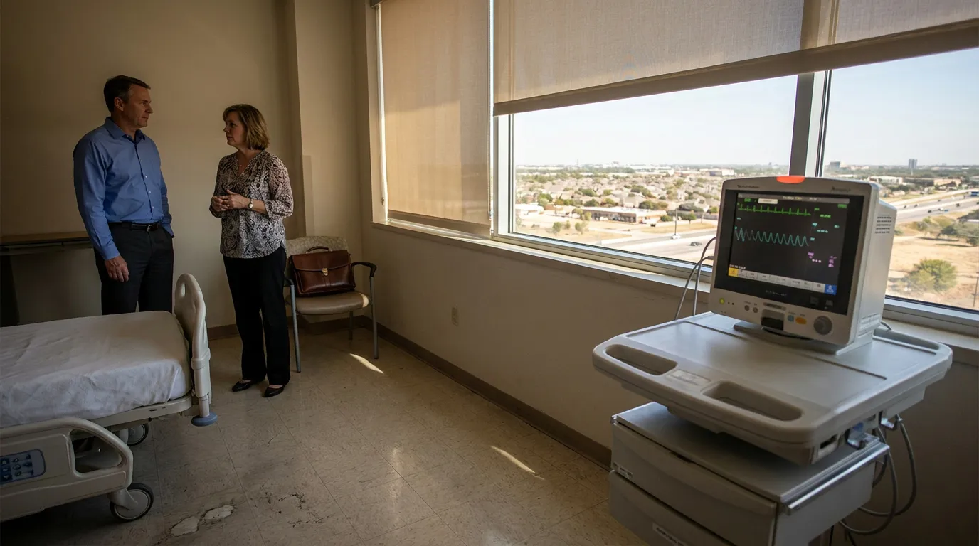 two professionals standing in hospital room beside cardiac monitor and patient bed