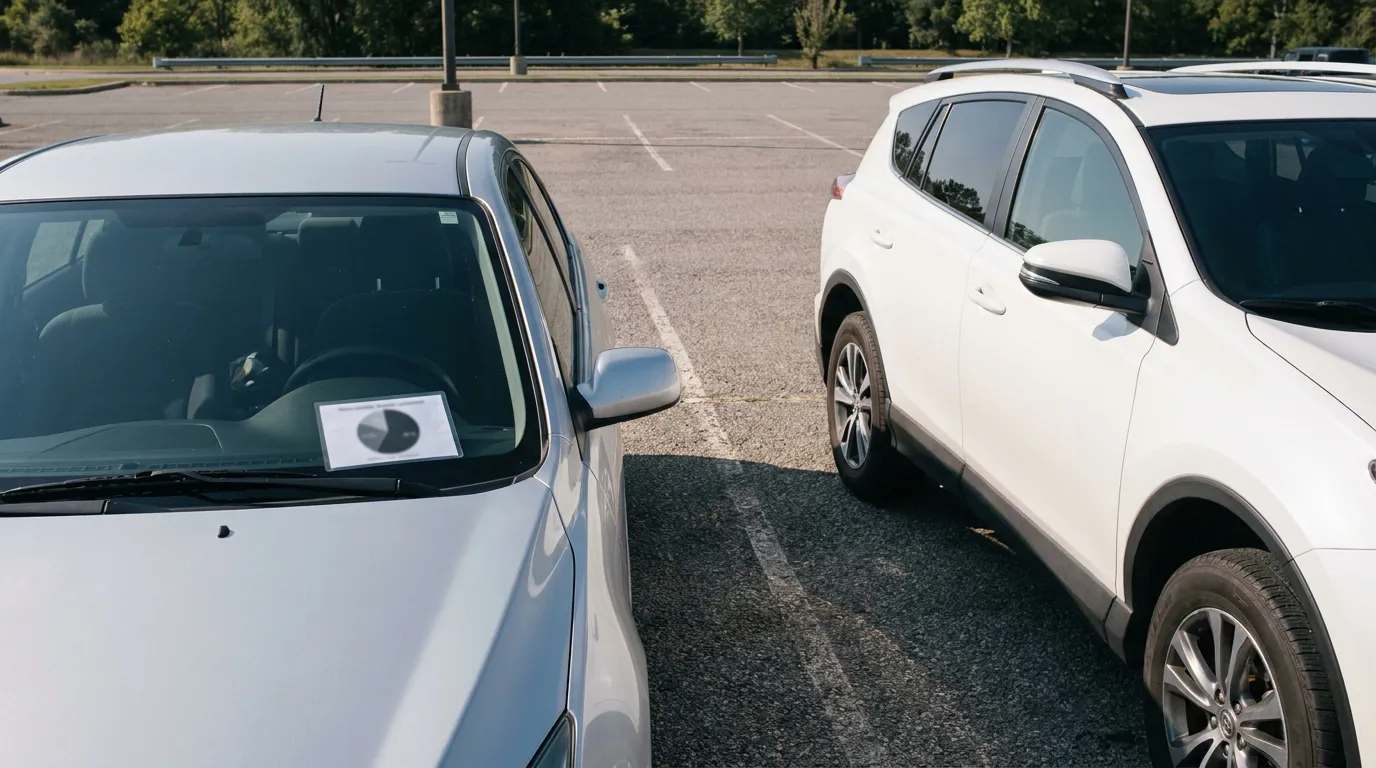 Houston Texas Fault Percentage Determination After Car Accident two SUVs parked closely in open parking lot with document on dashboard