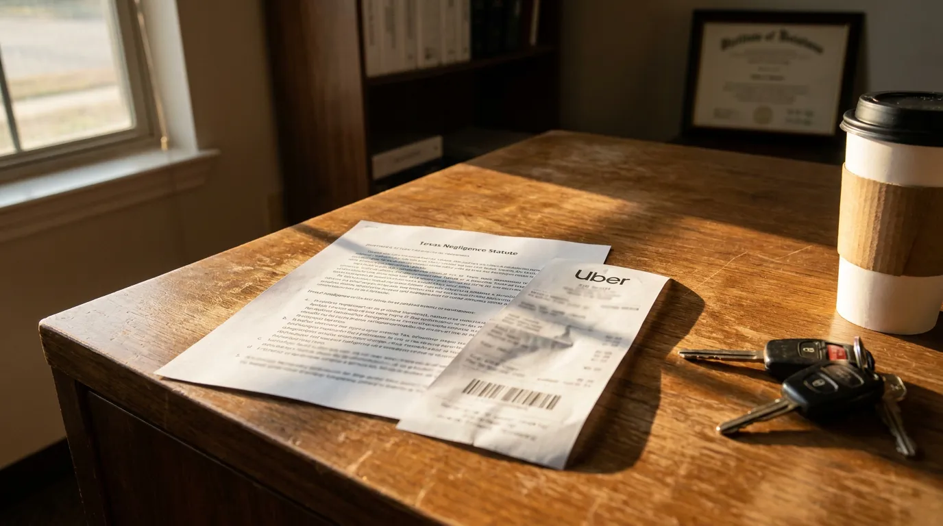 Texas Negligence Statute Uber Receipt Car Keys Houston Texas Negligence Statute document and Uber receipt on wooden desk with car keys