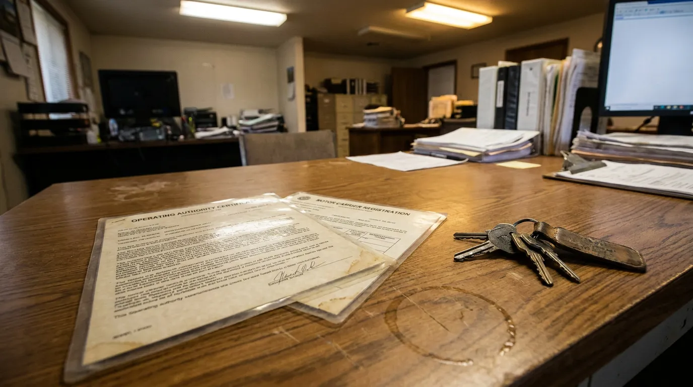 Chameleon Carrier Operating Authority Certificate Houston Trucking Office Operating Authority Certificate and Motor Carrier Registration documents with keys on desk