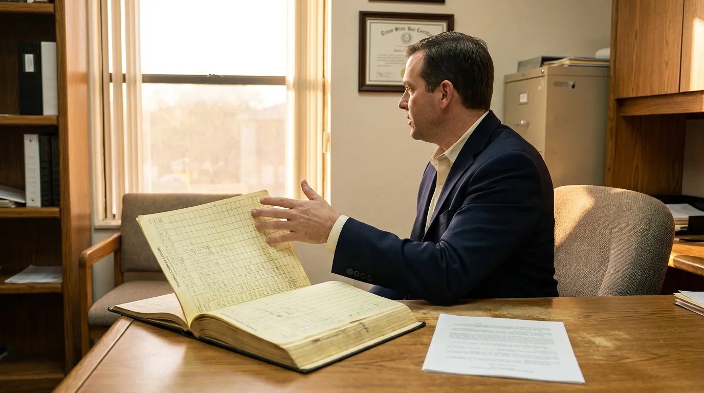 Houston Truck Accident Attorney Reviewing Case Records attorney in suit reviewing large open ledger book at office desk with Texas State Bar certificate on wall