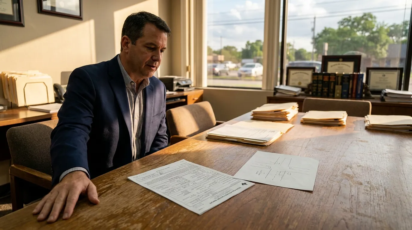 Houston Car Accident Attorney Reviewing T-Bone Crash Fault Documents attorney reviewing legal documents and case files at office conference table