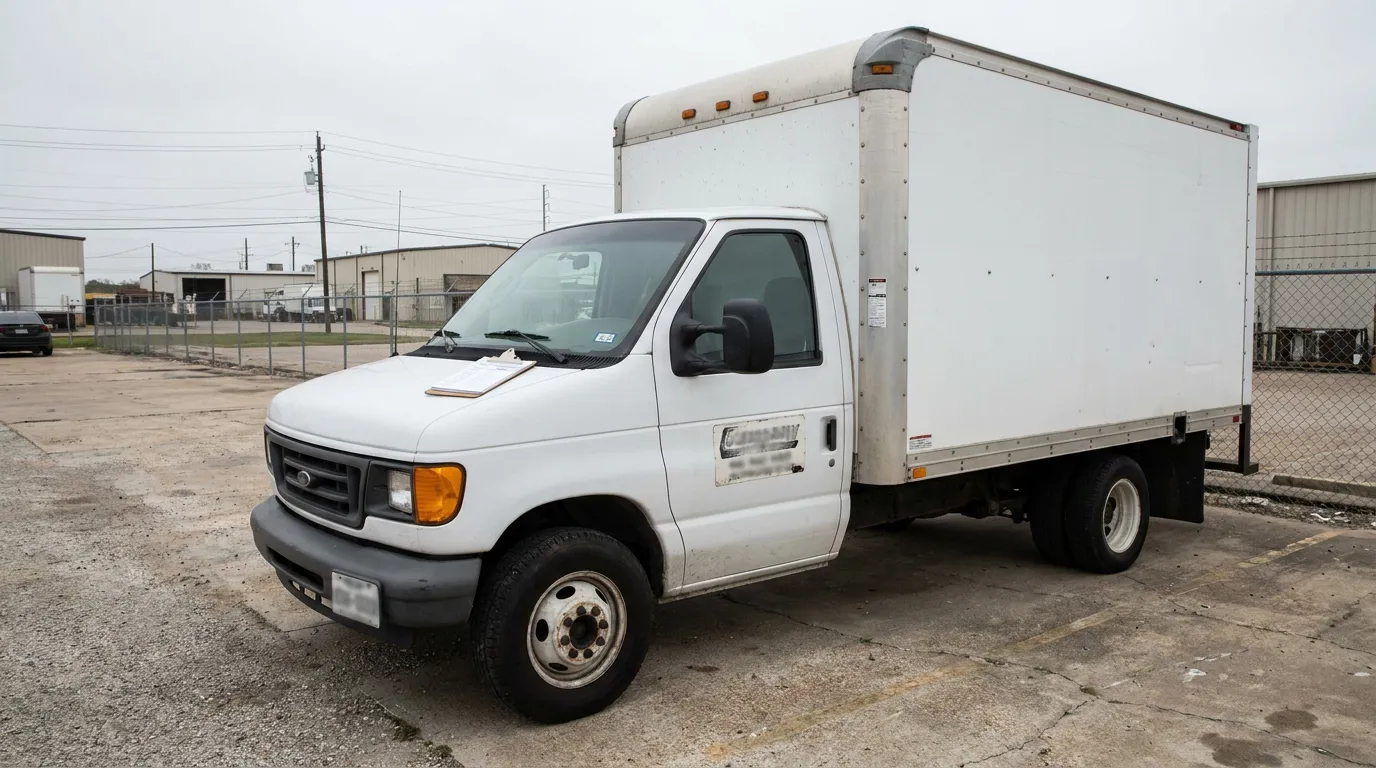 Ford E-Series box truck with enclosed cargo body parked in commercial lot