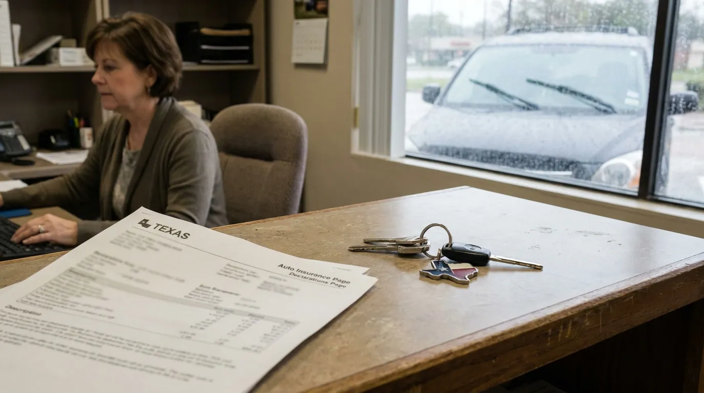 Houston Rain Car Accident Texas Auto Insurance Claim Texas Auto Insurance Declarations Page and car keys on office desk