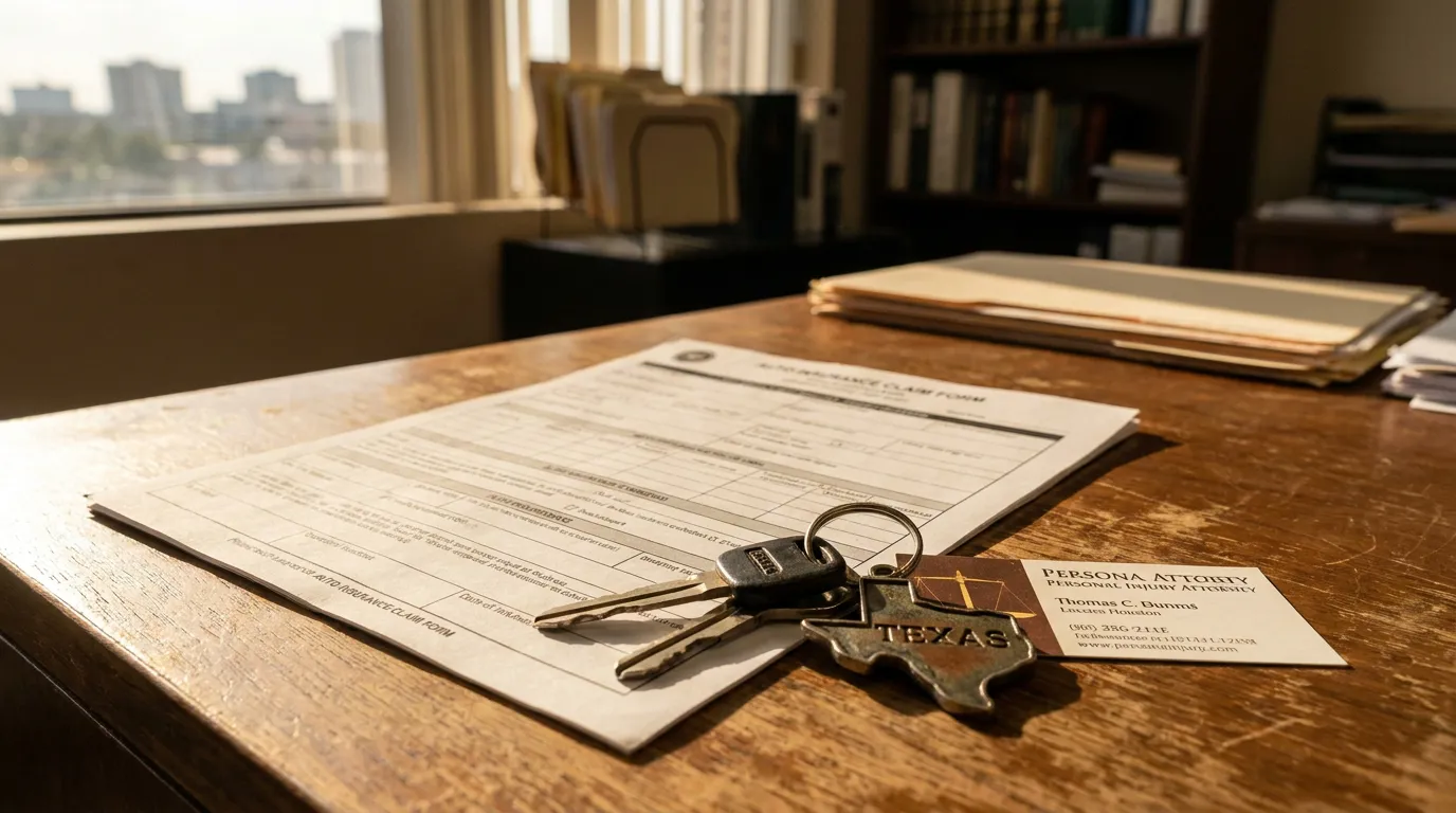 auto insurance claim form, car keys, and personal injury attorney business card on desk