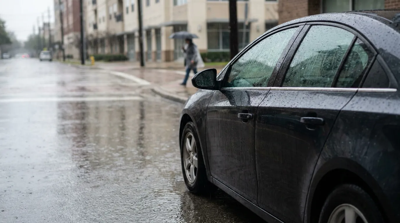 Car on Wet Houston Street During Heavy Rainstorm rain-soaked sedan parked on wet urban street with pedestrian holding umbrella nearby