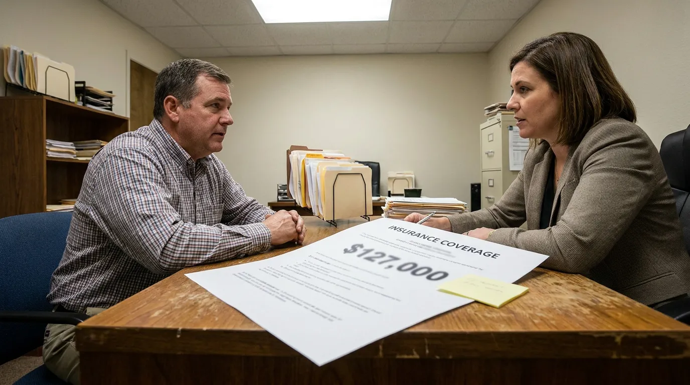 Houston Rideshare Attorney Reviewing Period 1 Insurance Coverage Claim attorney and client reviewing Insurance Coverage document showing $127,000 at office desk