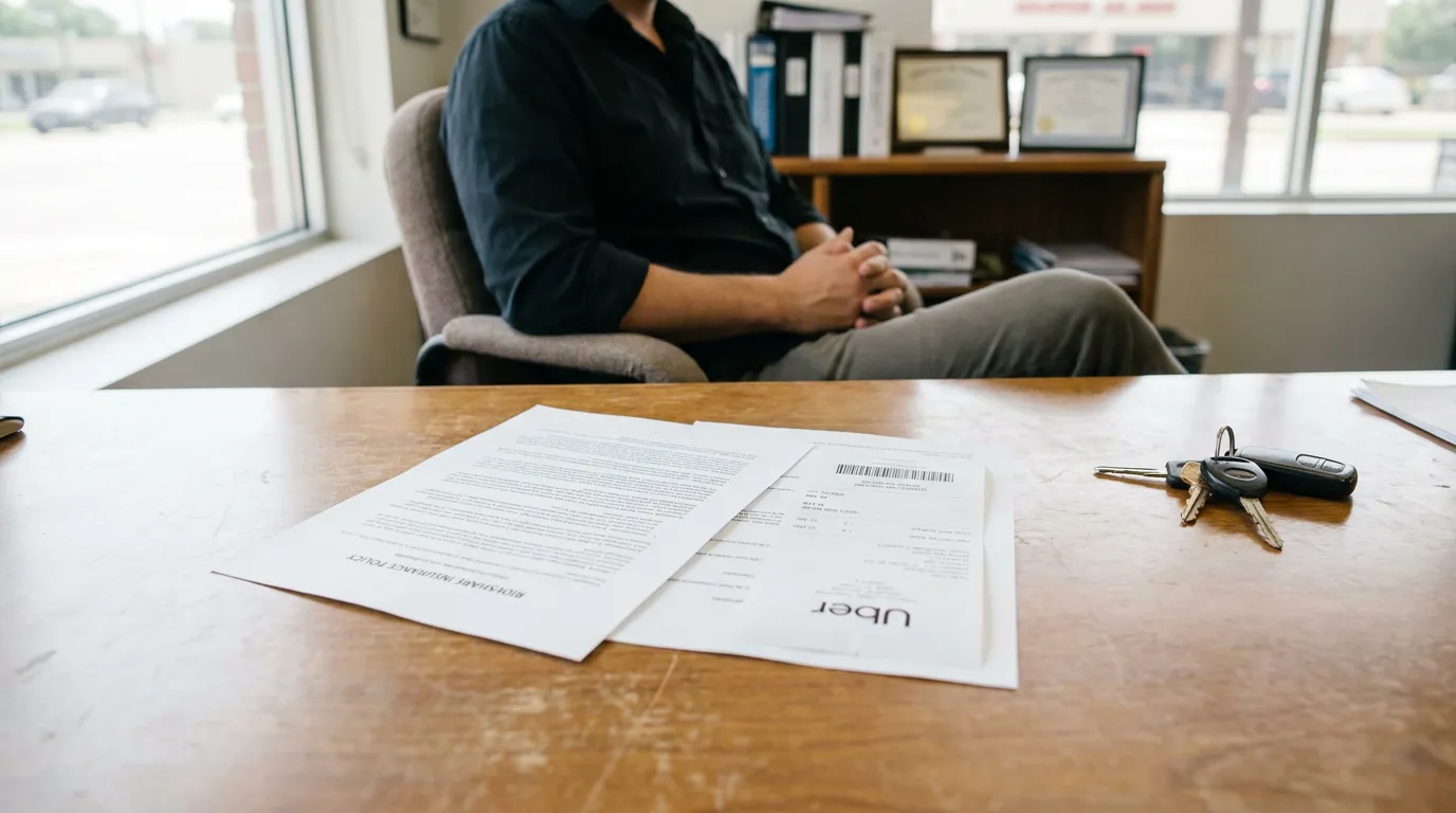 Houston Uber Passenger Reviewing Rideshare Insurance Policy Documents Rideshare insurance policy and Uber document on desk with car keys