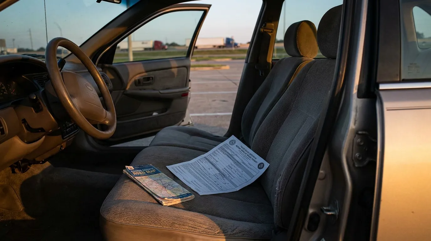 Harris County Road Map and Truck Crash Report Houston vehicle front seat with county road map and official document resting on cushion