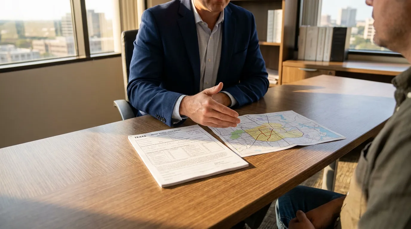 Houston Attorney Reviewing Texas Drunk Driving Accident Claim attorney gesturing over Texas motor vehicle crash report and road map during client meeting