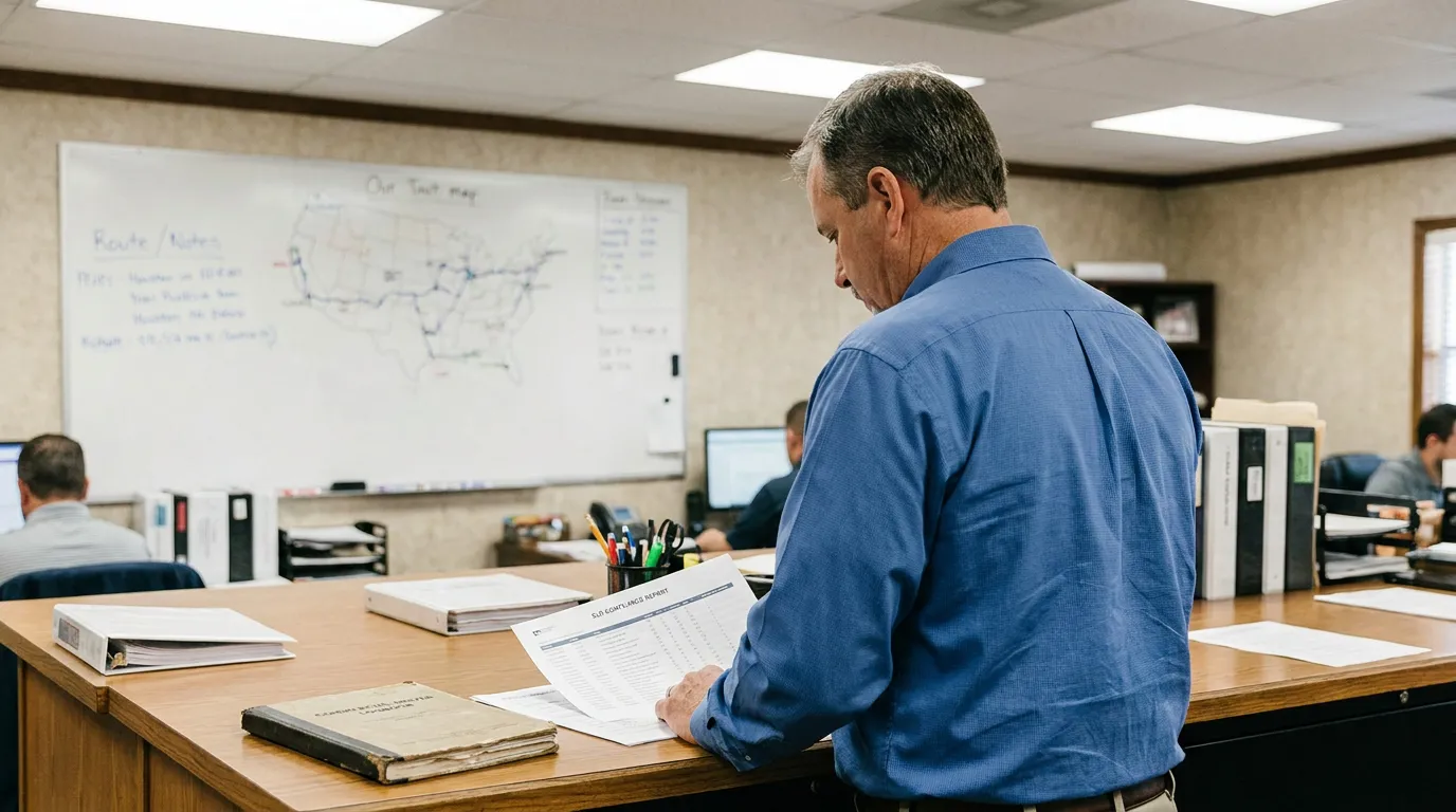 man reviewing printed report at office desk with route map whiteboard behind