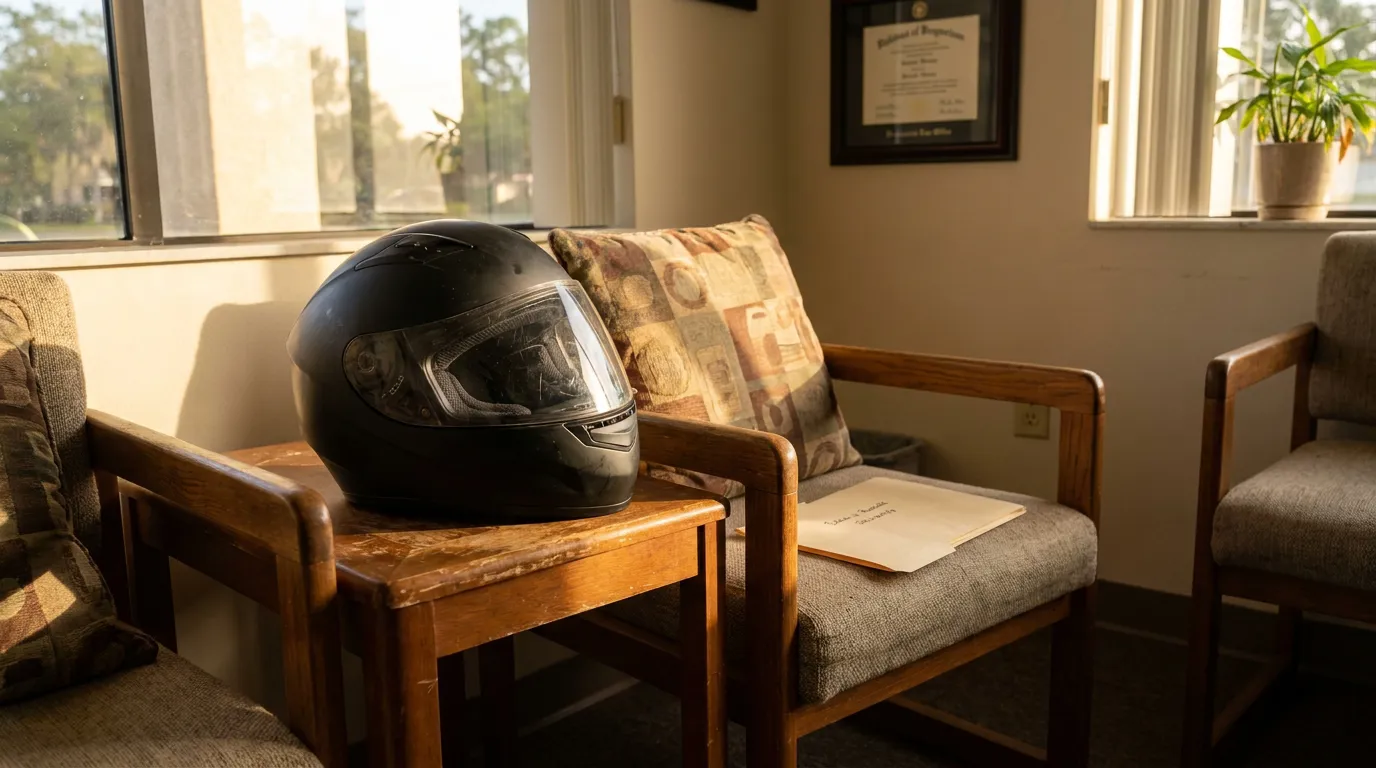 Motorcycle Helmet in The Villages FL Attorney Office motorcycle helmet resting on table in law office waiting room with framed diploma