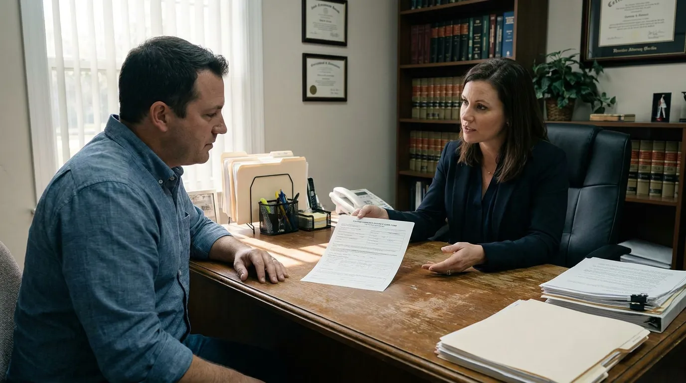 The Villages FL Auto Accident Attorney Consulting Uninsured Driver Victim attorney reviewing legal document with client across office desk with framed credentials