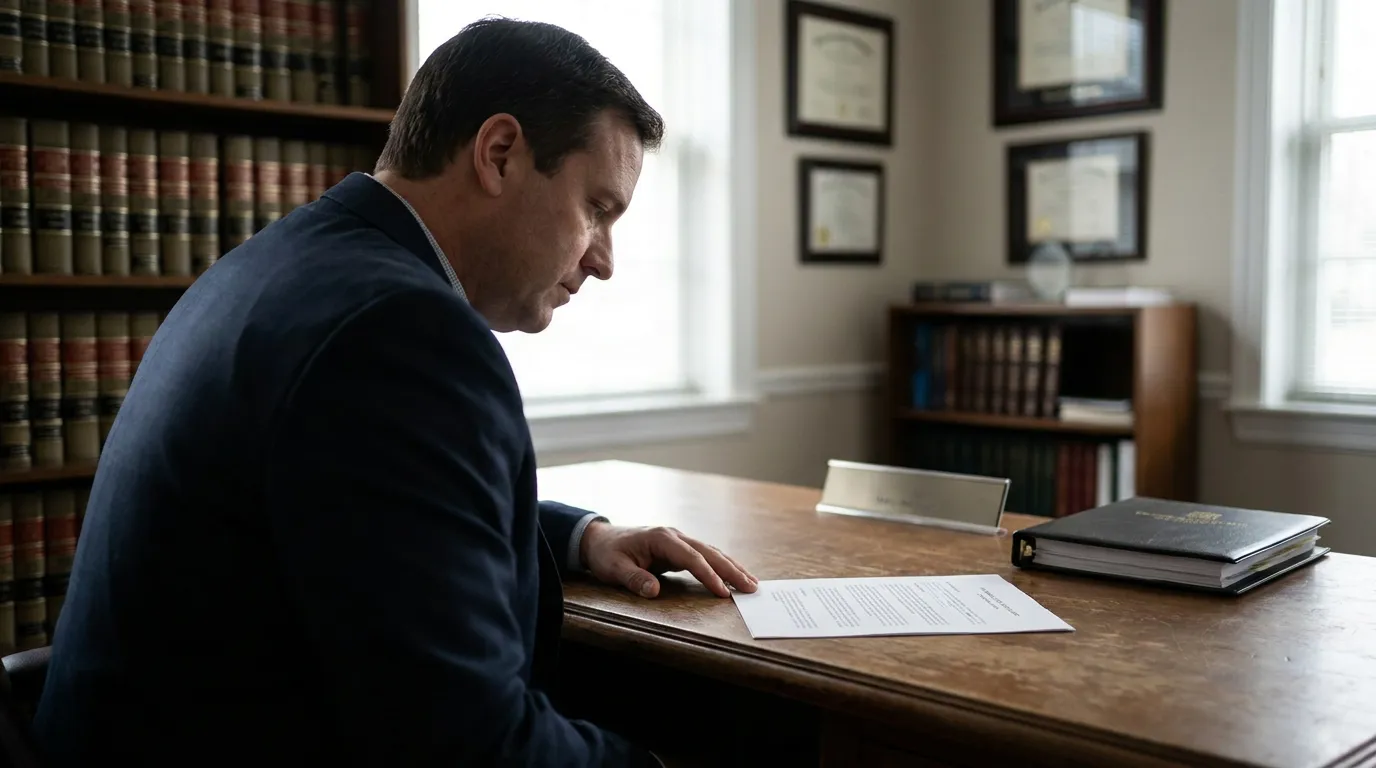 Ocala Semi-Truck Accident Lawyer Reviewing Broker Liability Case attorney reviewing legal document at desk surrounded by law books and framed credentials