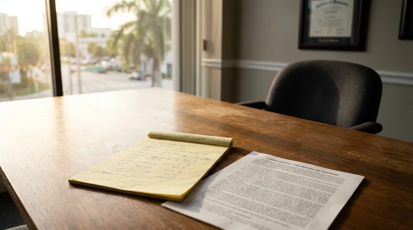 Miami Attorney Desk Florida Statute Slip and Fall Fault Notes Florida Statutes Civil Practice and Procedure document beside handwritten legal notepad on law office desk