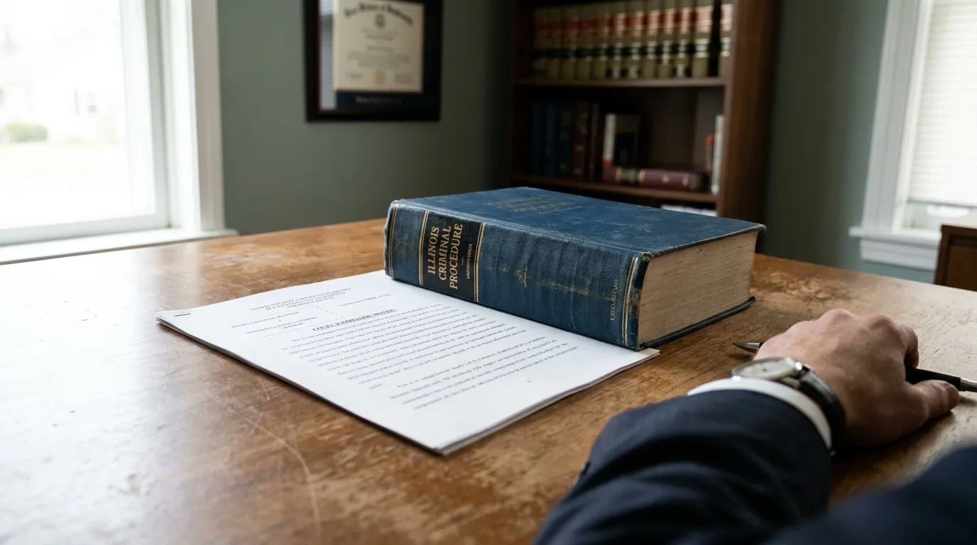 Illinois Criminal Procedure Book Motion to Suppress Evidence Illinois Criminal Procedure law book on desk beside legal documents in attorney office